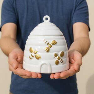 White Ceramic Bee Honey Pot With Lid Beehive Decor Honeybee Honeypot Kitchen Dec